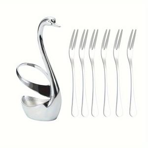 TEMU 7개 세트, 스테인리스 스틸 과일 포크, 디저트 포크, 케이크용 이빨 포크, 창의적인 백조 베이스 식기 보관대, 5.87인치, 은색