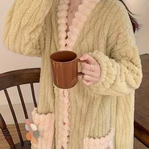 TEMU 여성용 플러시 플리스 가운 - 재킷 스타일 칼라, 두꺼운 겨울 잠옷 기모노, 퍼프 소매, 부드러운 파스텔 핑크/블루/민트 그린, 편안한 가운, 세탁기 사용 가능 (탈착 불필요)|여성원피스