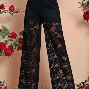 TEMU 여성용 블랙 레이스 트림 시스루 메쉬 와이드레그 팬츠 - 대비 레이스 디테일, 사계절 활용 캐주얼 & 포멀웨어, 통기성 원단, 스타일리시 바텀, 패션러버를 위한 사무실 착용