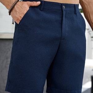 TEMU 남성용 네이비 블루 캐주얼 여름 반바지 슬랜트 포켓 포함 - 통기성 폴리에스터, 단추 잠금, 세탁기 사용 가능, 편안한 착용감