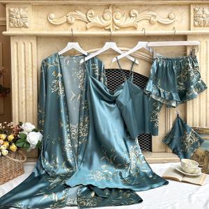 TEMU 여성용 체리 프린트 나이트가운 & 슬립웨어 세트 5피스 - 가운과 나이트드레스, 매칭 슬립웨어, 세탁기 사용 가능 논스트레치 겨울 파자마 (완전한 5피스 세트)