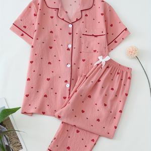 TEMU 여성 하트 프린트 스위트 텍스처 라운지 세트, 반팔 버튼 래펠 상의 & 바지, 편안한 느슨한 핏