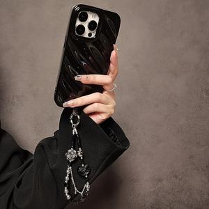 TEMU 럭셔리 블랙 비즈 쇼트 핸드 스트랩 - 하트 펜던트 포함 (핸드폰 케이스, 키체인, 가방용) - 투명 클립 포함|핸드폰가방