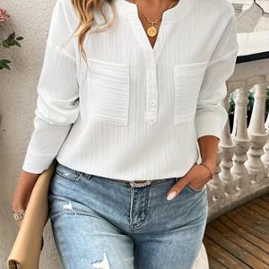 TEMU 여성용 솔리드 컬러 비대칭 밑단 노치넥 셔츠 & 더블 포켓