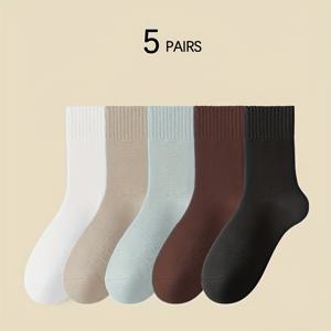 TEMU 우아한 커플 폴리에스터 양말 5 켤레 팩 – 편안한 니트 원단, 단색, 짧고 따뜻한 긴 튜브 디자인, 향상된 두께, 스판덱스 블렌드, 미끄럼 방지, 겨울용 실내 바닥 양말