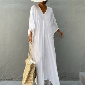 TEMU 플러스 사이즈 여성 카프탄 드레스 - 우아한 박쥐 소매 - 롱 로브, 단색 루즈핏 맥시 드레스, 비치, 스파 & 캐주얼 웨어, 봄 여름 가을 목욕 가운 (손세탁/드라이클리닝)