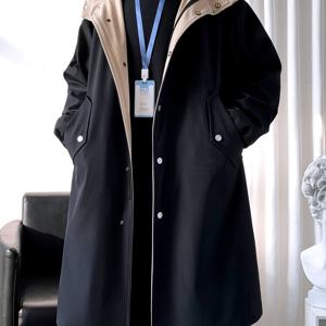 TEMU 남성용 미드-길이 베이지 후드 트렌치 코트 - 더블 브레스트 지퍼업, 긴 소매, 가을과 겨울용 캐주얼 아웃도어 재킷 포켓 포함, 내구성 있는 지퍼 클로저