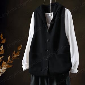 TEMU 여성 후드 조끼 | 캐주얼 스타일, 중간 신축성, 단색, 레귤러 핏, 버튼 디테일