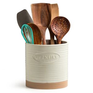 TEMU 6.7인치 대형 세라믹 주방 도구 홀더, 나무 받침대 포함 - 조리대 보관에 완벽