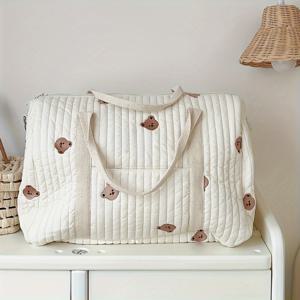 TEMU 동물 프린트 퀼트 보스턴 백 - 대용량 경량 여행 크로스바디백, 조절 가능한 스트랩이 있는 여성용 핸드헬드 토트백, 화이트 브라운 악센트, 여행용 가방, 일상 사용 파우치, 재미있는 자수, 고품질 공예, 다용도 지갑, 튼튼한 구조, 넉넉한 수납공간, 스타일리시 여성용