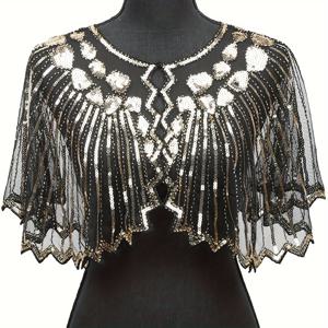 TEMU 빈티지 1920년대 세퀸 드레스 숄, 자수 레이스 케이프, 우아한 레트로 쇼트 케이프, 세퀸 장식 조끼, 통기성 오픈 프런트 카디건, 여성 패션 파티 이브닝 가운 액세서리, 폴리에스테르, 비늘, 자외선 차단, 장식, 줄무늬 패턴, 다양한 색상, 손세탁 또는 드라이클리닝