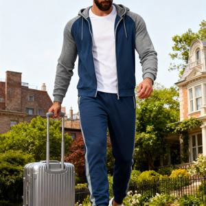 TEMU 남성용 가을 후드 스웨트셔츠 세트, 캐주얼 지퍼업 후디 세트, 남성용 애슬레틱 지퍼업 자켓 드로스트링 포함, 원단