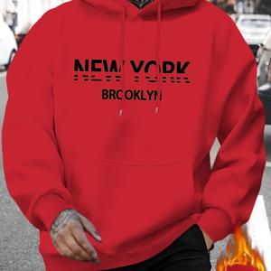 TEMU 남성용 뉴욕 브루클린 문자 프린트 캐주얼 후드 티, 패셔너블 드로스트링 풀오버 후드, 편안한 올매치 롱 슬리브 스웨트 셔츠, 레귤러 핏, 폴리에스테르 니트 직물, 가을/겨울 시즌