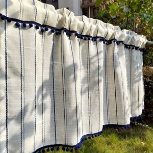 TEMU 1패널 창문 커튼 - 네이비 블루 가로줄무늬 반투명 프라이버시, 모던 주방·카페·식당·바 장식용, 쉬운 세탁 가능, 지중해 스타일, 경량 밸런스, 시크, 내구성 있는 소재, 홈&비즈니스용 셰어 커튼