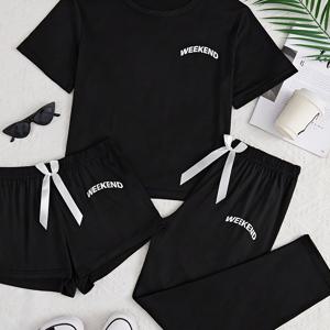 TEMU 여성용 3피스 세트, 스타일 반팔 잠옷 