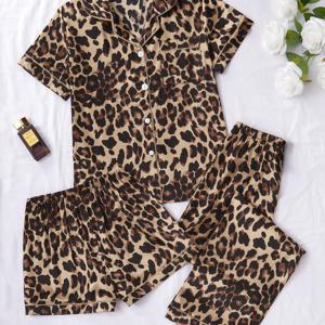 TEMU 여성용 프린트 새틴 잠옷 세트 - 셔츠, 반바지, 바지 포함 - 폴리에스테르 블렌드, 신축성이 있는 편안한 핏, 라펠 칼라, 올 시즌 잠옷 세트