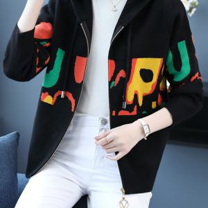 TEMU 알파벳 패턴이 있는 여성용 후드 집업 카디건, 아크릴 니트 원단, 긴팔, 일반 핏, 약간의 스트레치, 가을/겨울 컬렉션