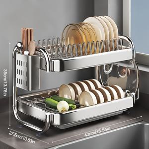 TEMU 광장 2단 스테인리스 스틸 식기 건조대 드레인보드 포함 - 광택 마감, 접시, 도구, 도마용 다기능 주방 카운터탑 정리대 - 금속 튜브가 있는 공간 절약형 디자인, 모든 주방에 이상적, 식기 건조대, 랙|식기건조대|식기건조기