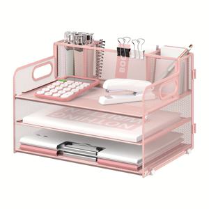 TEMU 손잡이와 펜 홀더 3개가 있는 3단 사무실 책상 정리함, 책상용 메시 종이/문서 정리함, 종이 용품 트러스트 트레이 보관 상자.