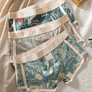 TEMU 랜덤 색상 남성용 프린트 속옷 3종 세트, 캐주얼 드로즈, 통기성 좋고 편안한 스트레치 드로즈 스포츠 반바지, 편안하고 통기성 좋은 속옷, 캐주얼 웨어 속옷 | 트렌디 속옷 | 중간 탄성 원단|남자옷