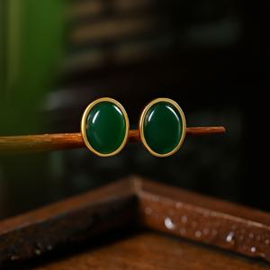 TEMU 귀족적이고 우아한 인레이된 모조 에메랄드 925 실버 바늘 오벌 귀걸이 1쌍|탄생석