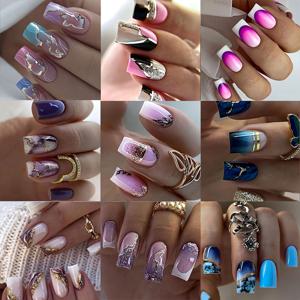 TEMU 216피스 박스 세트: 컬러풀 옴브레 프레스온 네일, 미디엄 스퀘어 쉐입, 스위트 & 쿨 스타일, 사계절 풀 커버리지. 화이트, 핑크 & 골든 포일 리프 옴브레, 컬러 그라데이션 옴브레, 마블 패턴 포함. DIY 박스형 네일, 젤리 글루 시트 9장 & 네일 파일 9개 포함. 여성용 파티 & 모임용 프레스온 네일