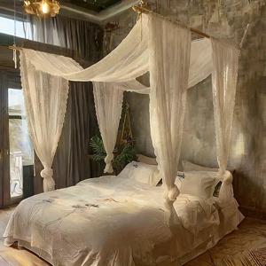 TEMU 2개 세트 우아한 화이트 메쉬 침대 캐노피 레이스 트림, 4포스트 모기장, 사이즈 28*236인치, 풀/퀸 사이즈 침대용, 손세탁 전용