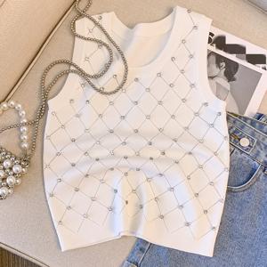 TEMU 여성용 라인스톤 장식 니트 베스트 - 올 시즌을 위한 단색 폴리에스터 크루 넥 민소매 탑