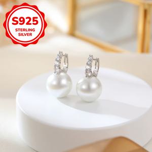 TEMU 디자인의 인조 진주 드롭이 특징인 스타일리시한 여성용 후프 귀걸이 한 쌍. 무게는 3.7G이며, 925 실버로 제작되었으며, 인조 지르코니아로 세트되어 있습니다. 일상복, 휴일 선물, 어버이날, 기념일에 완벽합니다.|링귀걸이