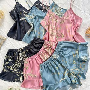 TEMU 6pcs 여성용 V넥 체리 프린트 러플 헴 반바지 파자마 세트 - 섹시, 편안, 꽃과 과일 패턴, 모든 계절 착용, 성인 잠옷|V넥 디자인|부드러운 소재