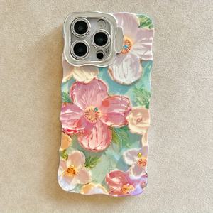 TEMU 아이폰 16 프로 맥스/15 프로/14/13/12/11과 호환되는 녹색 오일 페인팅 꽃 디자인과 반짝이는 렌즈 홀더가 있는 풀 보호 전화 케이스입니다.