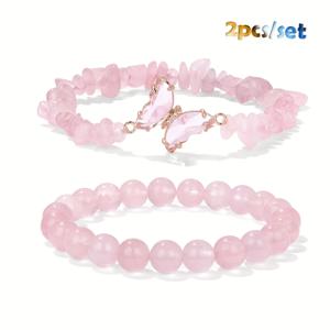 TEMU 2개 세트 로즈 쿼츠 & 핑크 나비 참 스트레치 팔찌 - 여성용 보호-시크 트렌디 주얼리, 일상 및 특별 행사용 이상적, 완벽한 발렌타인데이 선물, 주얼리 세트