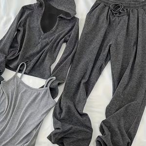 TEMU 여성 캐주얼 3pcs 세트, 봄/가을 후드 스웨트셔츠 조끼 및 와이드 레그 팬츠, 100% 폴리에스터 니트 원단, 단색, 버튼 디테일, 180g/m² - 아늑한 라운지웨어 아웃핏|블라우스|냉장고바지|셔츠