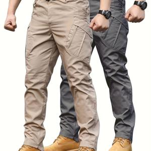 TEMU 2개 남성용 전술 카고 팬츠, 조절 가능한 허리밴드 다중 포켓 스타일, 논스트레치 폴리에스터, 사계절 캐주얼 웨어, 야외 하이킹 및 봄/가을용 내구성 원단 (벨트 미포함)