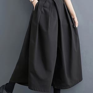 TEMU 여성용 우아한 블랙 와이드 레그 팬츠 - 버튼 클로저, 나인텐스 길이 & 포켓, 봄/여름 캐주얼 및 정장용, 편안한 패션, 내구성 있는 원단, 매끈한 질감