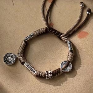 TEMU 【일상 우아함】 빈티지 스타일의 브레이드 팔찌, 정통 다섯 황제 동전 및 '행운' 각인 태그 포함 - 남성용 갈색, 검정 & 흰색 합성 섬유 로프