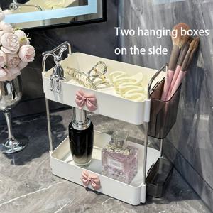 TEMU 토끼 리본 장식이 있는 2단 메이크업 정리함 1개 - 다기능 욕실 수납 상자, 싱크대용 방지성 플라스틱 카운터탑 오거나이저, 컴팩트 공간 절약 디자인, 명절 생일 선물, 장식적인 리본 디테일 | 곰팡이 방지 소재, 욕실 장식 및 액세서리