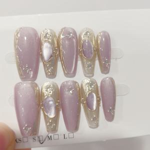 TEMU 10pcs 보라 발레 프레스 온 네일, 중간 길이, 그라데이션 마법 거울 효과, 광택 있는 마무리, 트라바시달 아이스 투명 디자인, 고양이 눈 텍스처 라인, 일상 착용 및 댄스 살롱에 이상적