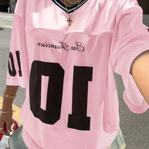 TEMU 여성용 V넥 여름 캐주얼 번호 10 그래픽 프린트 루즈 편안한 메쉬 반팔 티셔츠 - 부드러운 원단, 모든 계절 착용, 캐주얼 스트리트웨어 | 그래픽 티 | 편안한 핏