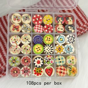 TEMU 108개 컬러풀한 봄 플로럴 및 동물 프린트 DIY 버튼 - 목재 원형 버튼, 손수작업, 다양한 디자인(꽃, 새, 하트 등) 포함, 손수작업 프로젝트에 적합, 버튼 크래프팅 용품