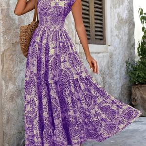 TEMU 여성용 화려한 보라색 꽃무늬 프린트 V넥 맥시 드레스 - 반팔, A라인 실루엣, 봄/여름 휴가에 완벽, 폴리에스터, 캐주얼 스타일, 캐주얼 여름 의류 | 꽃무늬 드레스 | 반팔 드레스