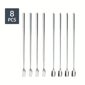 TEMU 8pcs/304 스테인레스 스틸 저어는 스푼, 연장된 손잡이, 아이스 스푼, 사각형 헤드, 포크, 스푼, 코크테일 스푼, 밀크 티, 조미료, 허니 스푼, 혼합 막대