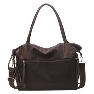 TEMU 여성용 어깨 가방 - 캐주얼 스타일, 가벼운 나일론, 조절 가능한 스트랩, 지퍼 잠금, 폴리에스터 안감, 검정색과 갈색 액센트, 쇼핑 및 일상 사용에 적합, 일상 가방 | 캐주얼 스타일 가방 | 내구성 있는 지퍼 잠금|테무쇼핑