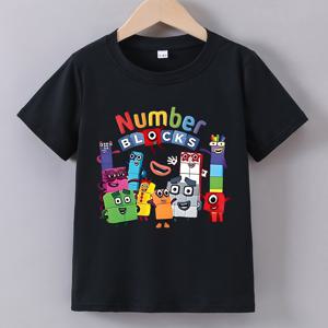 TEMU 남아용 숫자 블록 로고 & 캐릭터 티셔츠 - 1-10번 블록이 있는 교육적 수학 학습 디자인, 캐주얼 반팔 라운드넥 여름 상의, STEM 놀이 및 캐주얼 복장 (공식 인스파이어드)