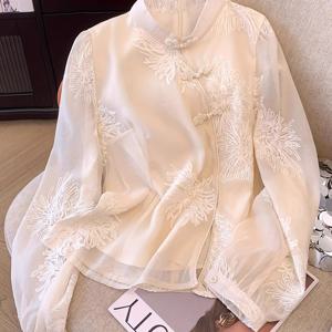 TEMU 여성 중국풍 블라우스 - 우아한 스탠드업 칼라 긴소매 셔츠, 루즈핏 오피스 & 포멀 복장, 여성용 가벼운 쉬폰 탑, 봄 웨딩 파티 의상, 캐주얼 웨어, 정교한 자수, 섬세한 원단