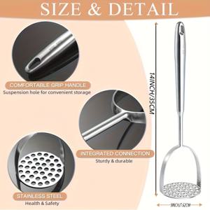 TEMU 장시간 사용 가능한 스테인리스 감자 으깨기 도구 1개 - 전문가용 통합 디자인으로 감자, , 콩, 고기 및 야채를 으깨기에 적합 - 식기세척기 안전한 주방 도구, 주방 망치 도구 | 광택 디자인이 있는 스테인리스 망치