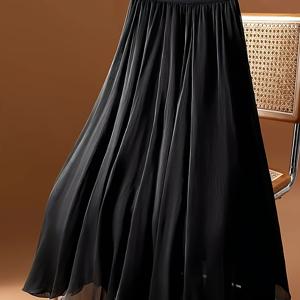 TEMU 우아한 블랙 플리츠 맥시 스커트 - 신축성, 여유로운 핏, 벨트 없음, 올 시즌 스타일, 단색, 캐주얼 착용|우아한 스커트|신축성 있는 소재