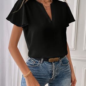 TEMU 여성용 우아한 V넥 프릴 소매 블라우스 - 가벼운 100% 폴리에스터 반팔 셔츠, 봄/여름 캐주얼 및 정장용 솔리드 컬러 탑