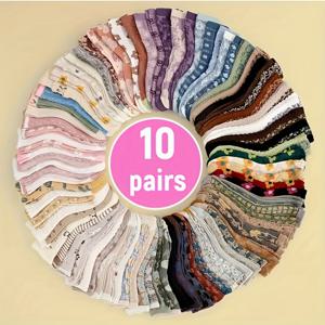 TEMU 여성용 엠보싱 플라워 양말 10켤레 - 통기성, 편안한 미드캘프 양말, 봄과 여름을 위한 빈티지 & 캠핑 디자인, 경량 150g/m² 니트 소재, 세탁기 세탁 가능, 귀여운 양말