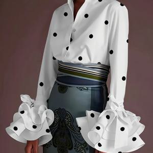 TEMU 여성용 우아한 롱 슬리브 폴카 도트 셔츠 - 러플 커프스 & 허리 타이 벨트, 화이트 & 블랙 라운드넥 블라우스, 기계 세탁 가능 캐주얼/포멀 탑